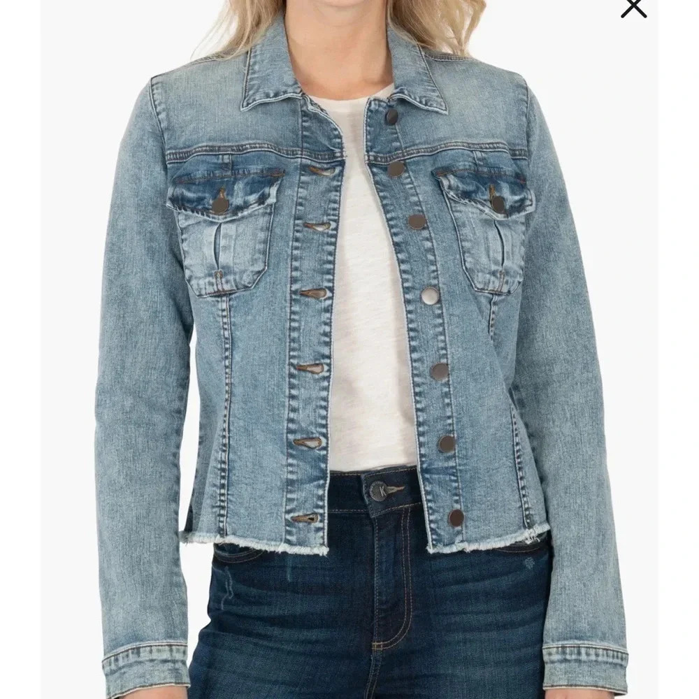 👖 Kut From The Kloth Frayed Denim Jacket XS Blue Distressed Jean Coat NWT 🧥